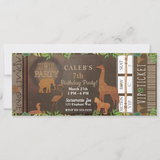 ZOO PARTY Brown Animals Birthday Party Ticket Kaart (Voorkant)