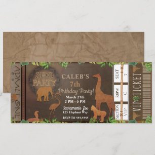 ZOO PARTY Brown Animals Birthday Party Ticket Kaart