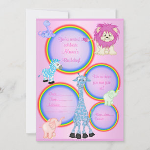ZOO RAINBOW PARTIJ INVITATIE PINK herziene versie Kaart