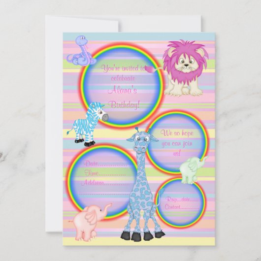ZOO RAINBOW PARTIJ INVITATIE PINK stripe Kaart (Voorkant)