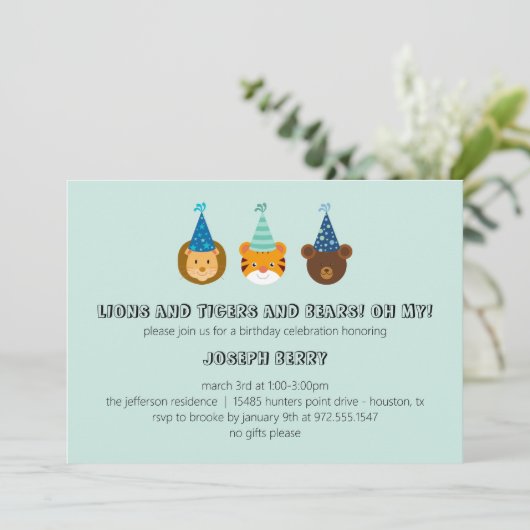 Zoo-verjaardag met leeuwen, tijgers, beren uitnodi kaart