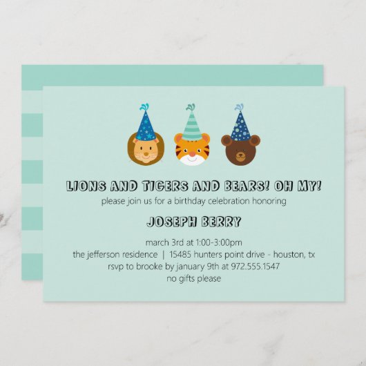 Zoo-verjaardag met leeuwen, tijgers, beren uitnodi kaart (Voorkant / Achterkant)