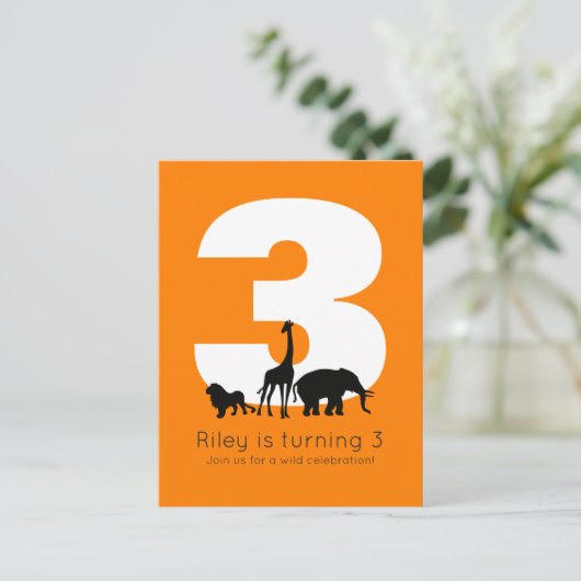 Zoo verjaardagsfeest oranje uitnodiging briefkaart (Staand voorkant)