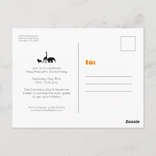Zoo verjaardagsfeest oranje uitnodiging briefkaart (Achterkant)