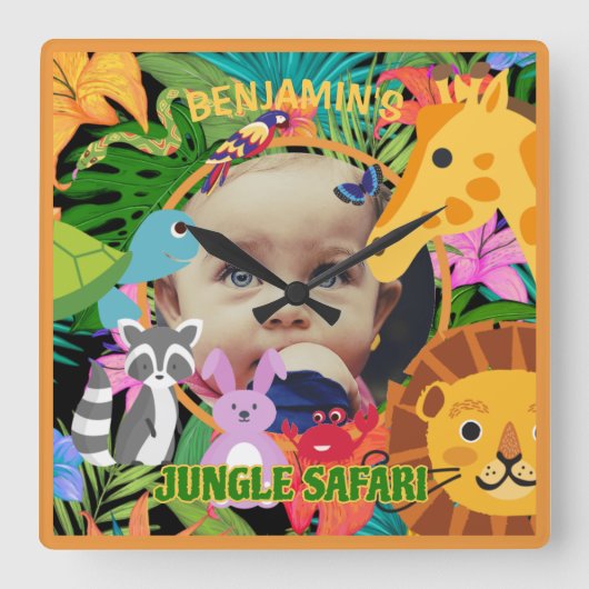 Zoo Wild Animal Oerwoud Safari Kids Verjaardag Vierkante Klok (Voorkant)