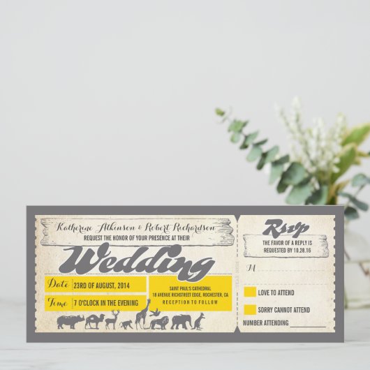 Zoo wildlife dieren bruiloft uitnodiging tickets (Staand voorkant)