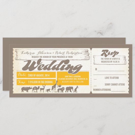 Zoo wildlife dieren bruiloft uitnodiging tickets (Voorkant / Achterkant)