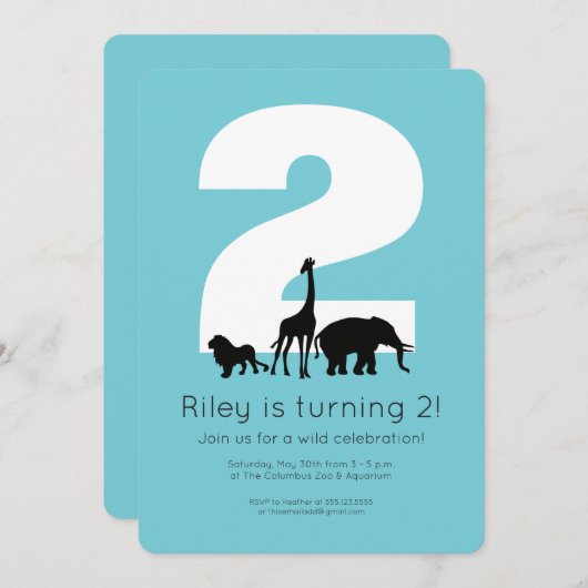 Zoödieren blauwgroen uitnodiging voor peuterjarige (Voorkant / Achterkant)