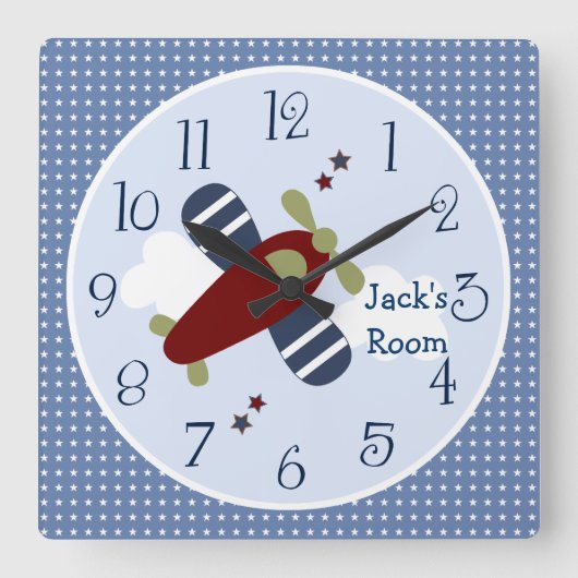 Zoom langs het vliegtuig Nursery/Children's Clock Vierkante Klok (Voorkant)