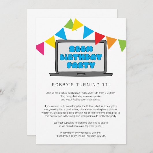 Zoom Verjaardagsfeest Uitnodiging (Voorkant / Achterkant)