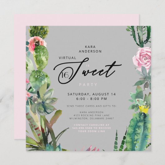 Zoom Virtual Cactus Roze & Grijs Sweet 16 Verjaard Kaart (Voorkant / Achterkant)