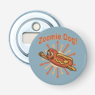 Zoomie Dog Flying Hot Dog Cartoon – Leuke retro Button Flesopener