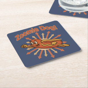 Zoomie Dog Flying Hot Dog Cartoon – Leuke retro Kartonnen Onderzetters