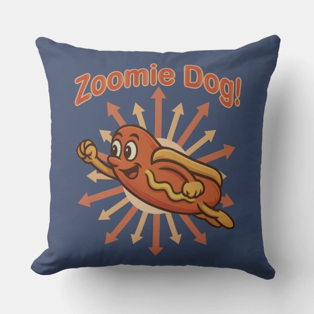 Zoomie Dog Flying Hot Dog Cartoon – Leuke retro Kussen (Voorkant)