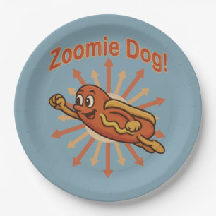 Zoomie Dog Flying Hot Dog Cartoon – Leuke retro Papieren Bordje