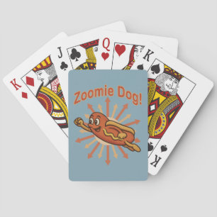 Zoomie Dog Flying Hot Dog Cartoon – Leuke retro Pokerkaarten