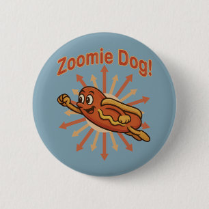 Zoomie Dog Flying Hot Dog Cartoon – Leuke retro Ronde Button 5,7 Cm