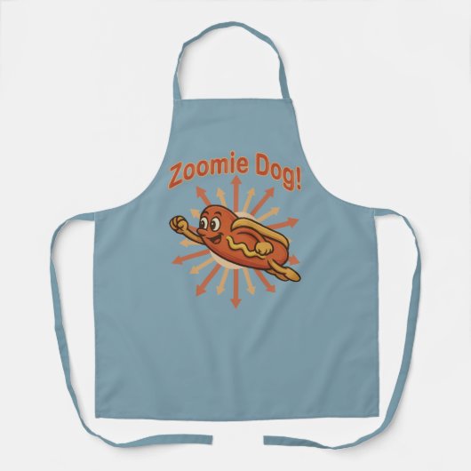 Zoomie Dog Flying Hot Dog Cartoon – Leuke retro Schort (Voorkant)
