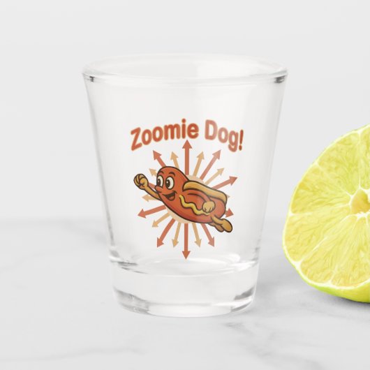 Zoomie Dog Flying Hot Dog Cartoon – Leuke retro Shot Glas (Voorkant)