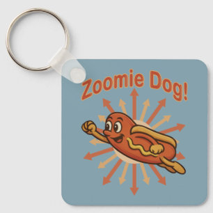 Zoomie Dog Flying Hot Dog Cartoon – Leuke retro Sleutelhanger