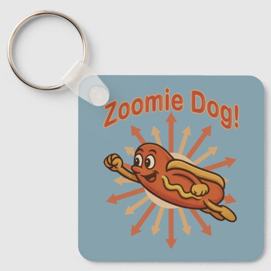 Zoomie Dog Flying Hot Dog Cartoon – Leuke retro Sleutelhanger (Voorkant)