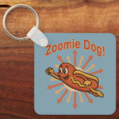 Zoomie Dog Flying Hot Dog Cartoon – Leuke retro Sleutelhanger (Voorkant)