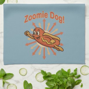 Zoomie Dog Flying Hot Dog Cartoon – Leuke retro Theedoek