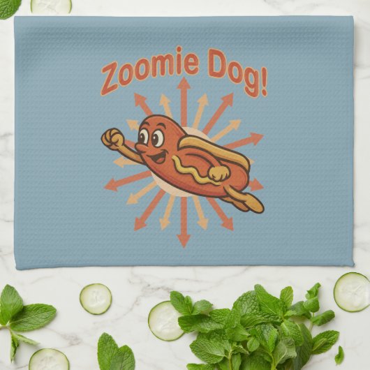 Zoomie Dog Flying Hot Dog Cartoon – Leuke retro Theedoek (Gevouwen)