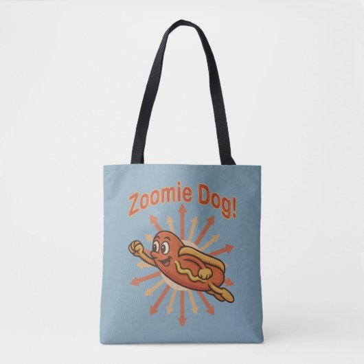 Zoomie Dog Flying Hot Dog Cartoon – Leuke retro Tote Bag (Voorkant)