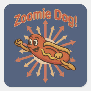 Zoomie Dog Flying Hot Dog Cartoon – Leuke retro Vierkante Sticker