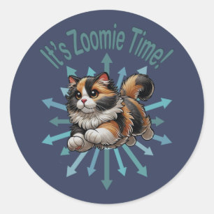 Zoomie Time Calico Cat Ronde Sticker