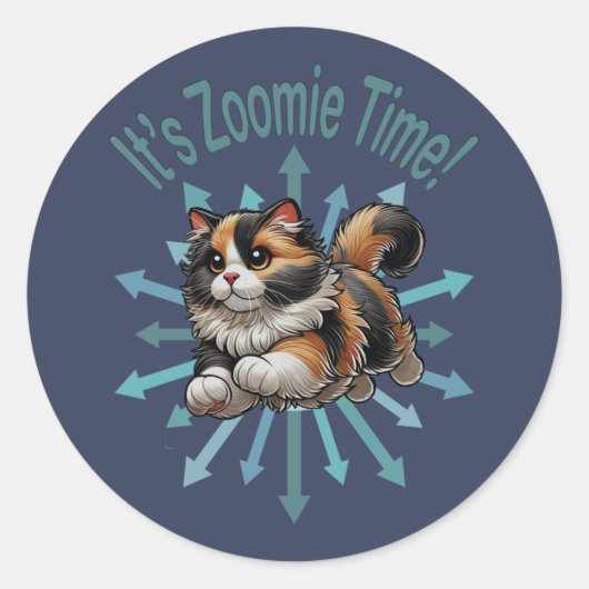 Zoomie Time Calico Cat Ronde Sticker (Voorkant)