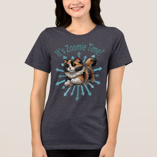 Zoomie Time Calico Cat Tri-Blend Shirt (Voorkant)