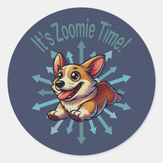 Zoomie Time Corgi Ronde Sticker (Voorkant)