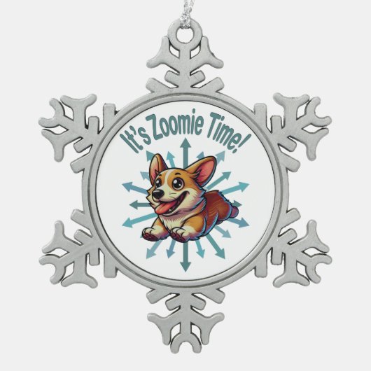 Zoomie Time Corgi Tin Sneeuwvlok Ornament (Voorkant)