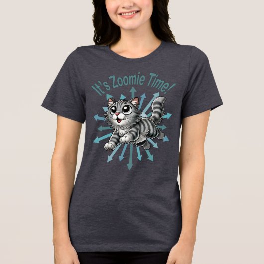 Zoomie Time Grey Tabby Cat Tri-Blend Shirt (Voorkant)
