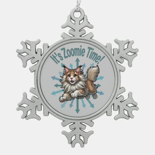 Zoomie Time Maine Coon Cat Tin Sneeuwvlok Ornament (Voorkant)