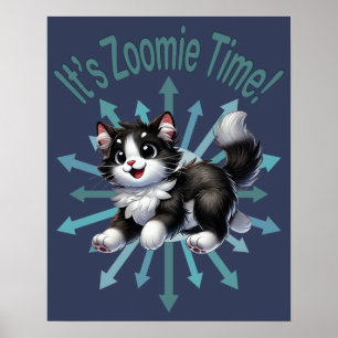 Zoomie Time Schattige Black & White Cat Poster