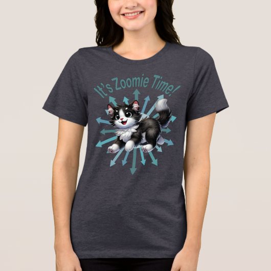 Zoomie Time Schattige Black & White Cat Tri-Blend Shirt (Voorkant)