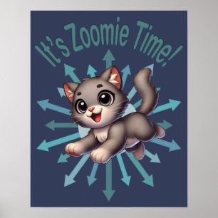 Zoomie Time Schattige Grey & White Cat Poster