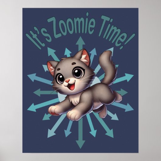 Zoomie Time Schattige Grey & White Cat Poster (Voorkant)