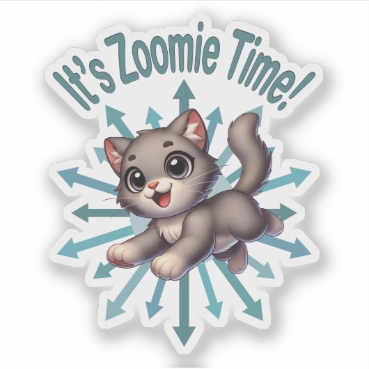 Zoomie Time Schattige Grey & White Cat Sticker (Voorkant)