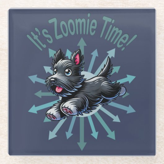 Zoomie Time Schotse Terriër Glazen Onderzetter (Voorkant)