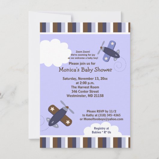 Zooming Airplane Invitation Brown and Navy Kaart (Voorkant)