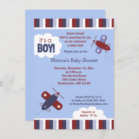 Zooming Airplane Invitation Red and Navy Kaart (Voorkant / Achterkant)