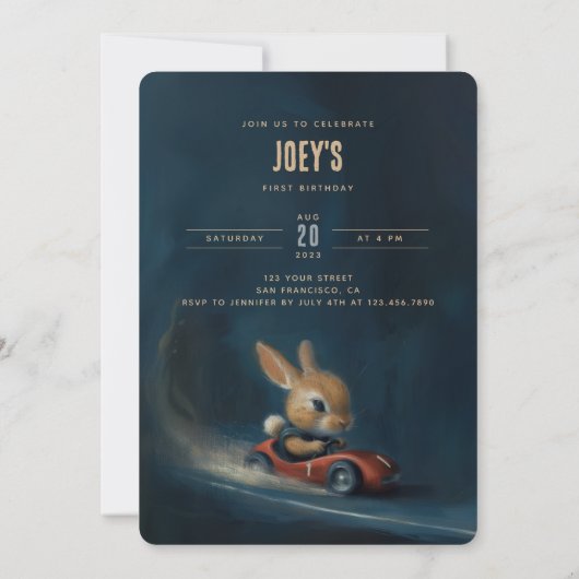 Zooming Bunny - uitnodiging voor het eerste verjaa (Achterkant)