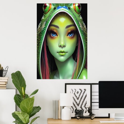 Zoomorfe coole kikkerkdame | AI Art. Poster (Thuiskantoor)