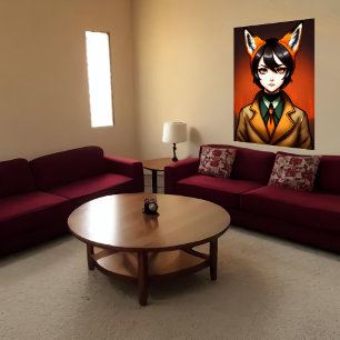 Zoomorfe jonge vrouwen zwarte haarvos oor   AI Art Poster