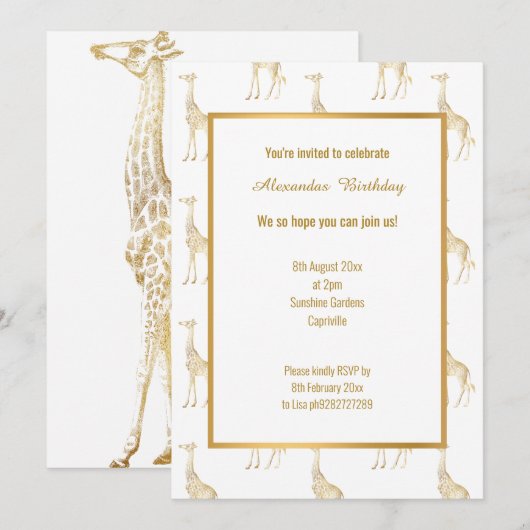 ZOOMTHEMA GOLD GIRAFFE BIRTHDAY INVITATIE KAART (Voorkant / Achterkant)