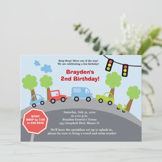 Zoomzoom auto's Aangepaste uitnodiging voor geboor (Staand voorkant)